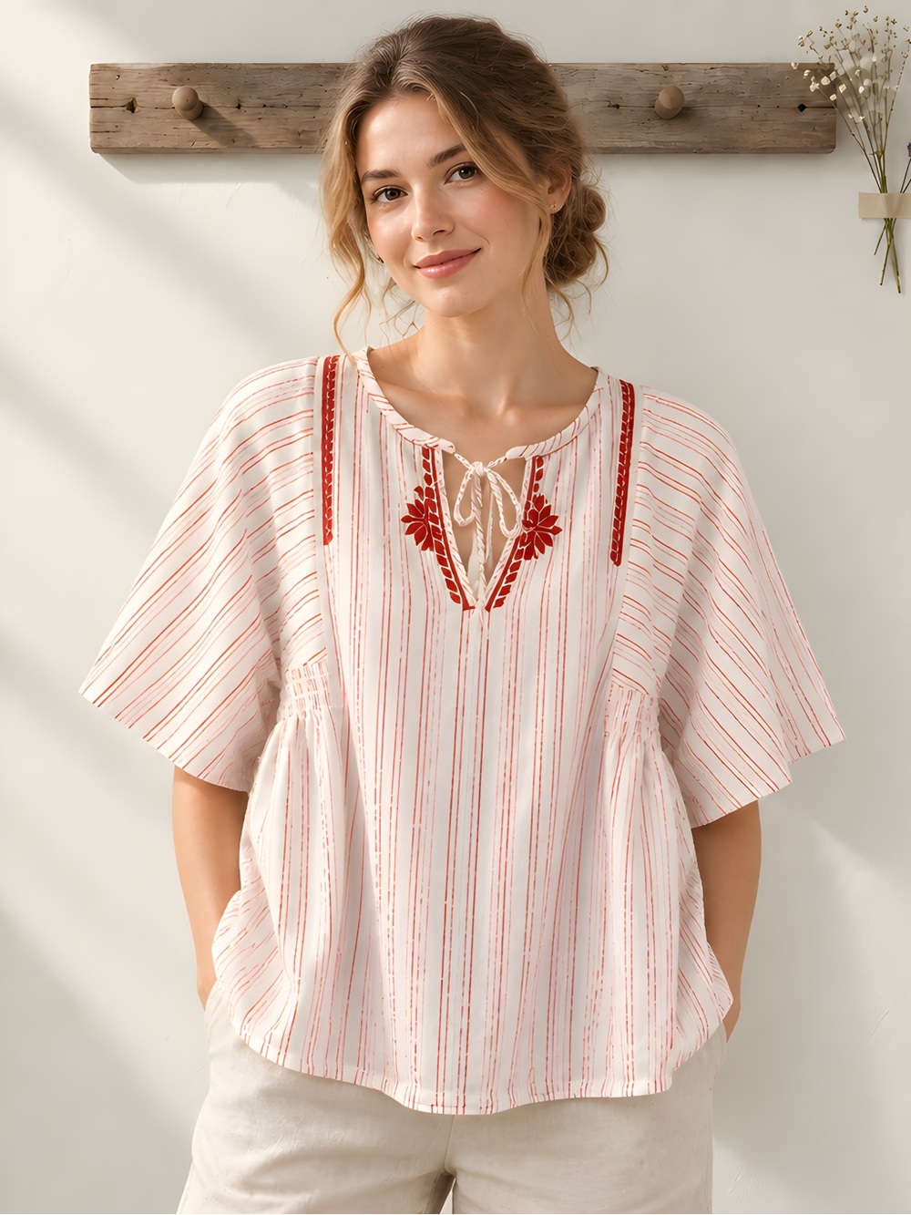 Banana Republic Red & Cream Striped Embroidered Split Neck Blouse XS